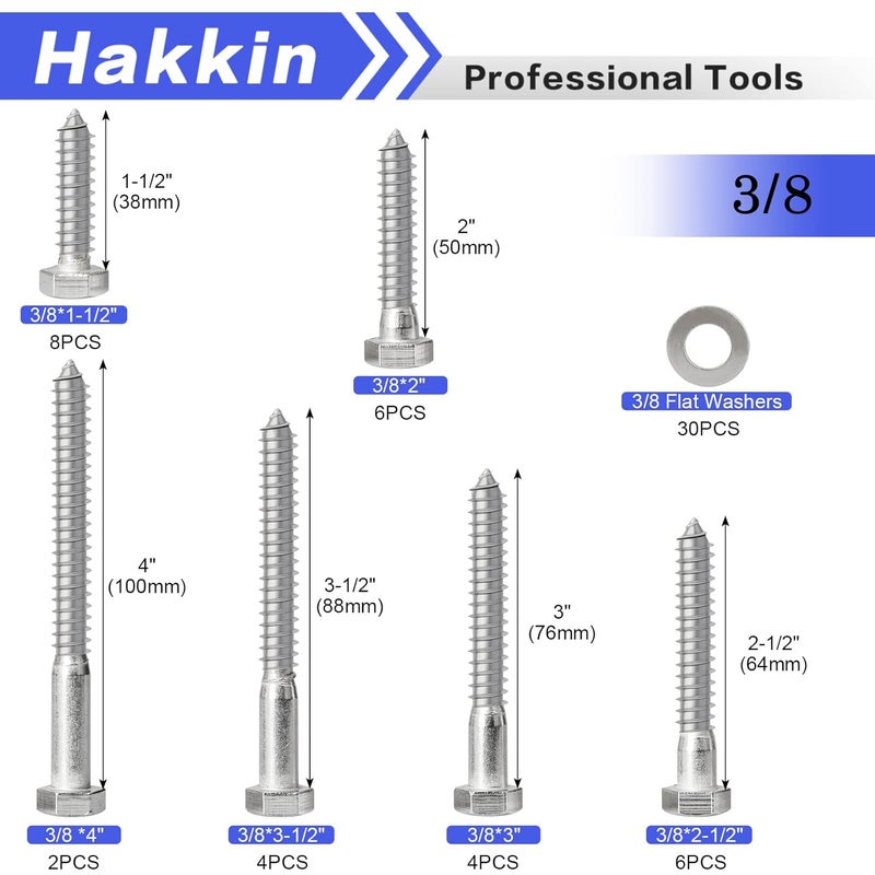 Hakkin 3/8" Hex Lag Screws, 60PCS Assorted Wood Screw & Bolt Assortment Sets 1-1/2" 2" 2-1/2" 3" 3-1/2" 4", Hexagon Head Lag Bolts for Wood, Decks Building,Industrial - Image 5